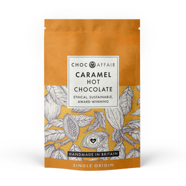 Caramel hot chocolate in recyclable paper pouch