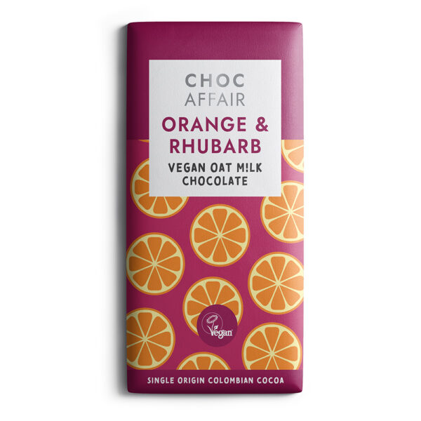 Orange & Rhubarb flavoured oat m!lk chocolate bar on white background
