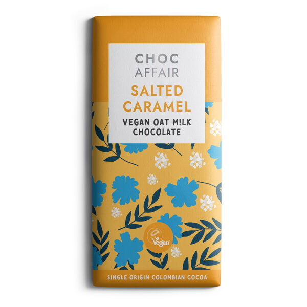 Salted caramel flavoured oat m!lk chocolate bar on white background Trade