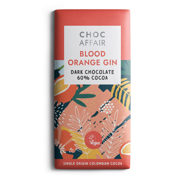 Blood Orange gin flavour infused dark chocolate bar on white background