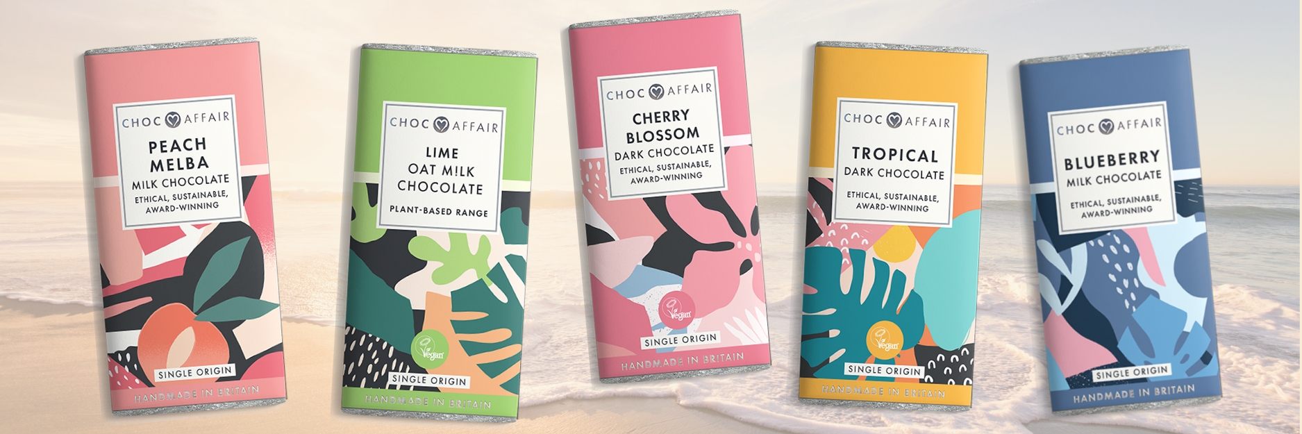 5 bars of chocolate with bright and colourful packaging