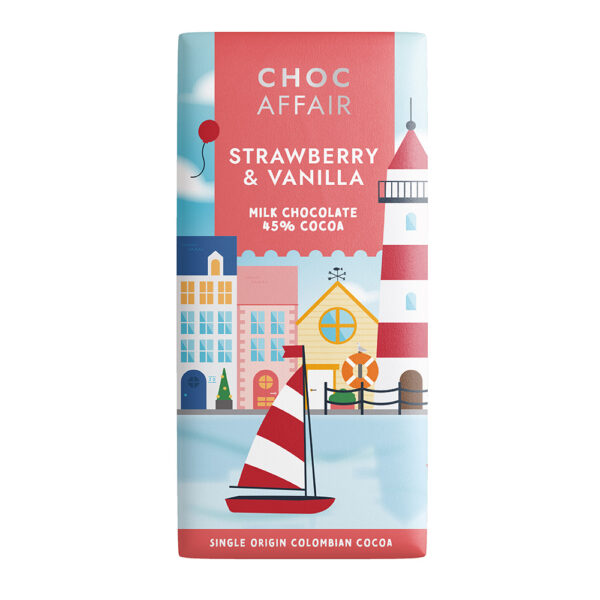 Strawberry & Vanilla Milk Chocolate wrapper with a light pink design showcasing a seaside scene