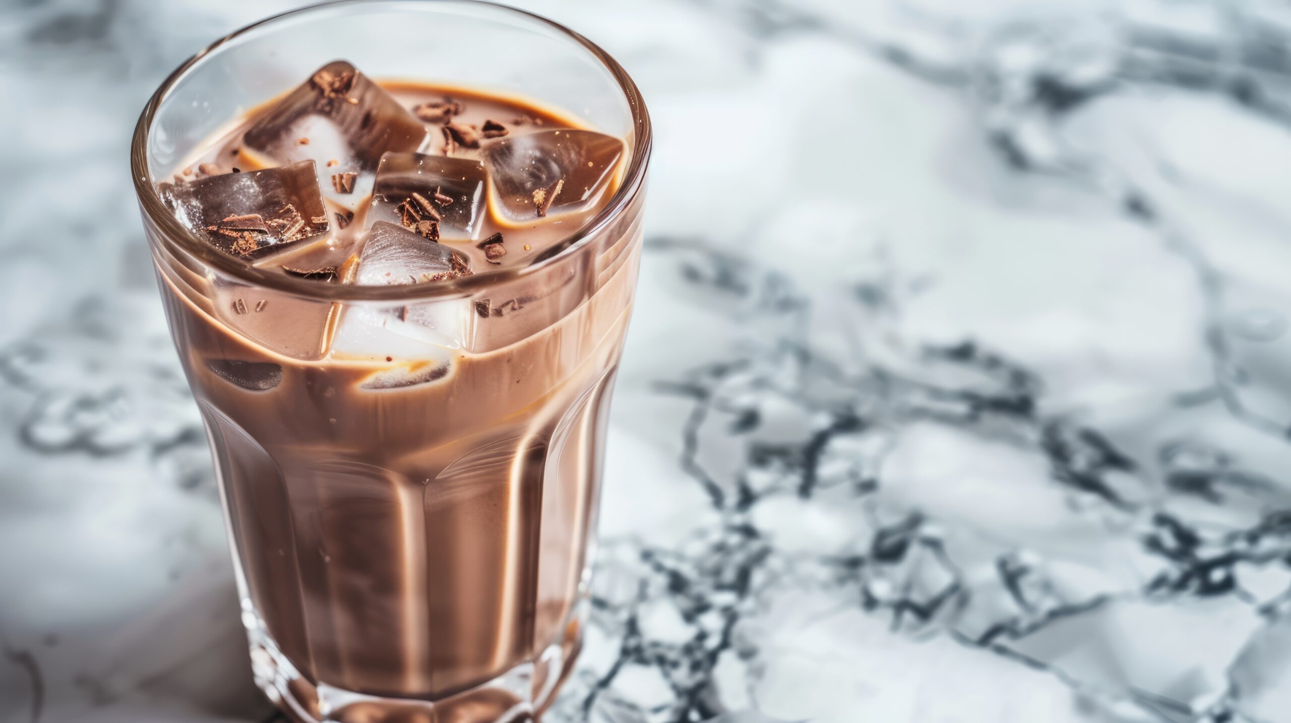 Glass of iced drinking chocolate with chocolate flakes and ice cubes on a marble surface