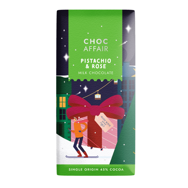 Choc Affair Pistachio and Rose Milk Chocolate Christmas gift bar